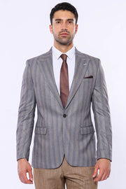 Striped Slim Fit Men Grey Blazer - Wessi