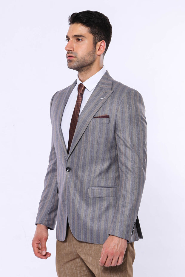 Striped Slim Fit Men Grey Blazer - Wessi