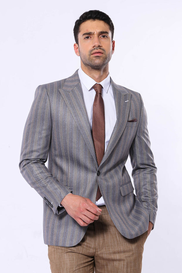 Striped Slim Fit Men Grey Blazer - Wessi