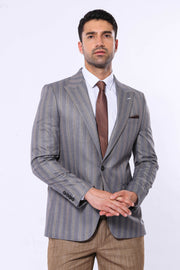 Striped Slim Fit Men Grey Blazer - Wessi