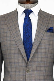 Slim Fit Peak Lapel Checked Grey Men Blazer - Wessi