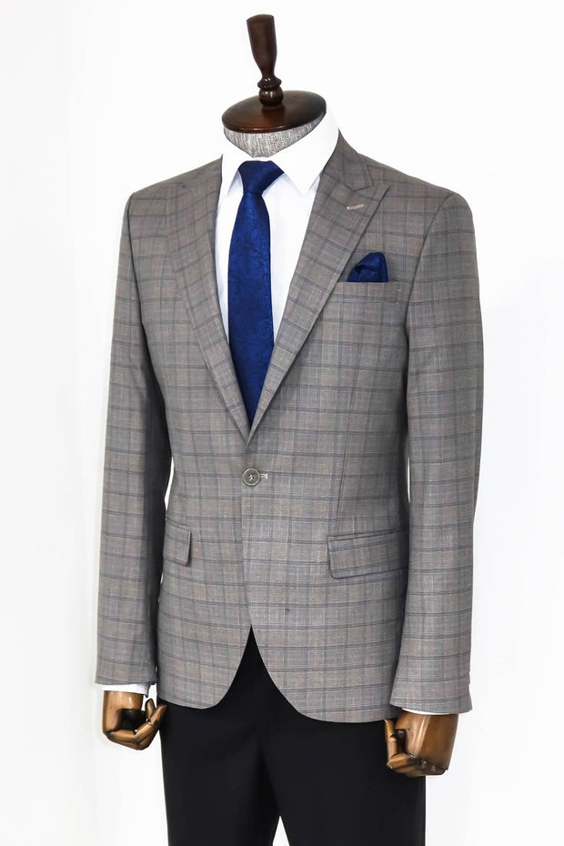 Slim Fit Peak Lapel Checked Grey Men Blazer - Wessi