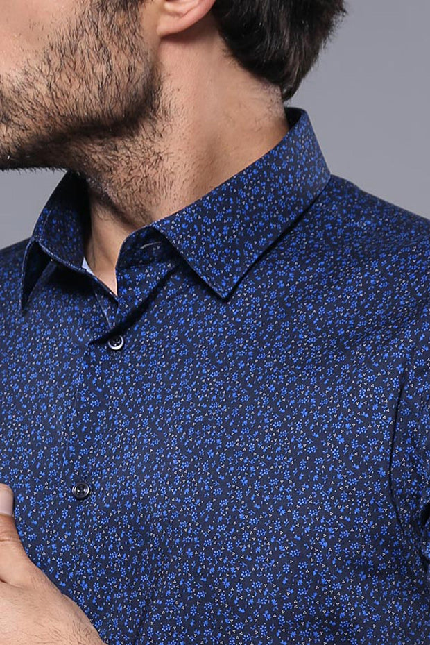 Patterned Short Sleeves Navy Blue Men Shirt - Wessi