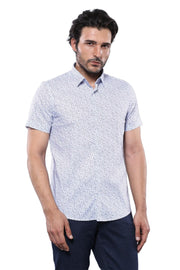 Blue Floral Patterned Short Sleeve White Men Shirt - Wessi