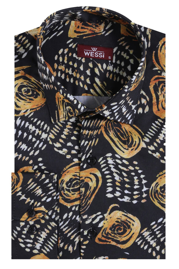 Floral Patterned Long Sleeves Slim Fit Black Men Shirt - Wessi