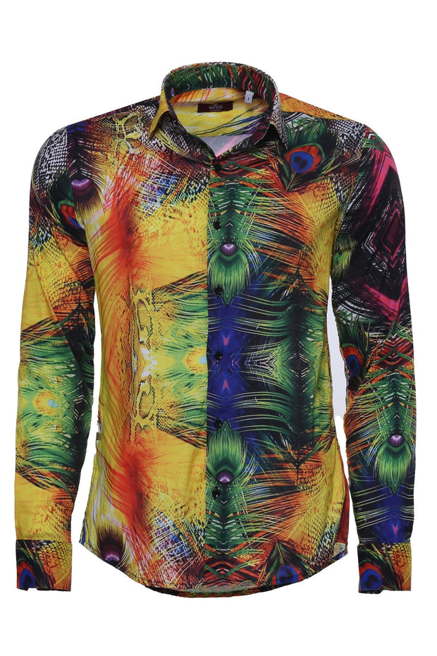 Peacock Pattern Long Sleeves Multicolor Men Shirt - Wessi