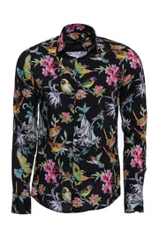 Birds And Flowers Patterned Slim Fit Long Sleeves Black Men Shirt - Wessi