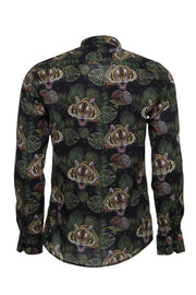 Yellow Black Leaf Patterned Long Sleeves White Men Shirt - Wessi