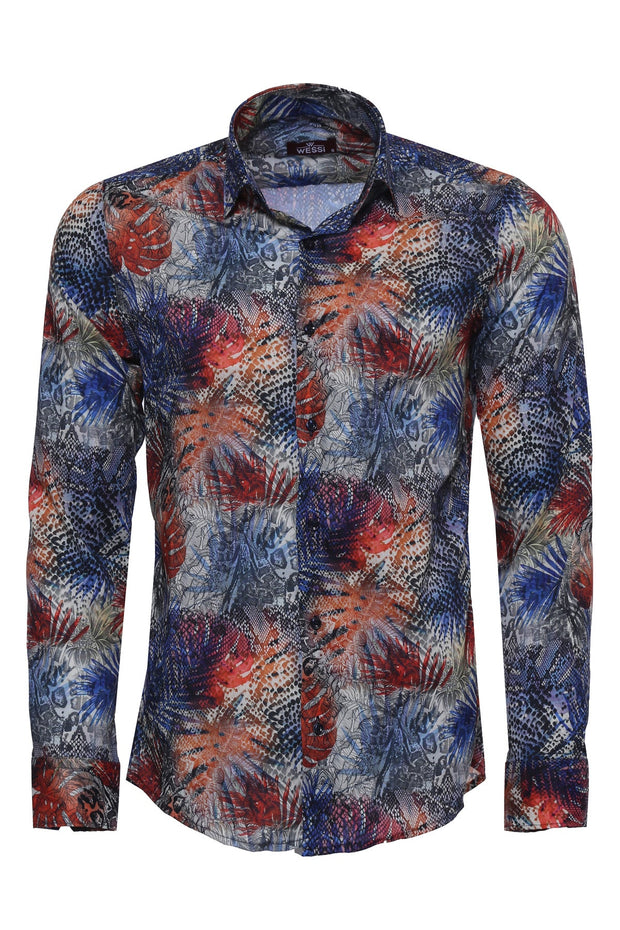 Red Leaf Patterned Navy Blue Men Shirt - Wessi