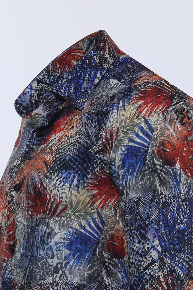 Red Leaf Patterned Navy Blue Men Shirt - Wessi