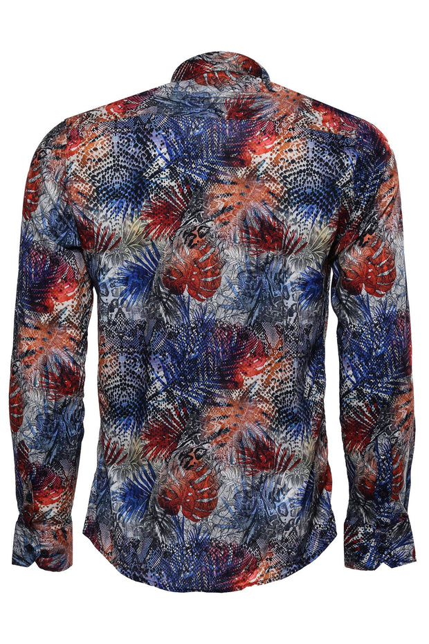 Red Leaf Patterned Navy Blue Men Shirt - Wessi