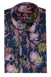 Tiger And Leaf Patterned Long Sleeves Slim Fit Blue Men Shirt - Wessi