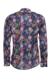 Tiger And Leaf Patterned Long Sleeves Slim Fit Blue Men Shirt - Wessi