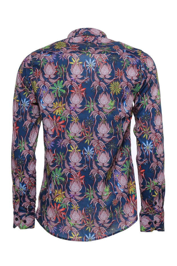 Tiger And Leaf Patterned Long Sleeves Slim Fit Blue Men Shirt - Wessi