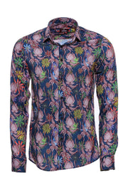 Tiger And Leaf Patterned Long Sleeves Slim Fit Blue Men Shirt - Wessi