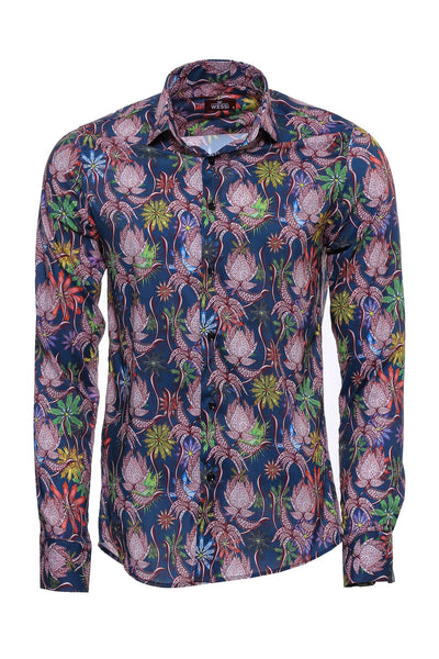 Tiger And Leaf Patterned Long Sleeves Slim Fit Blue Men Shirt - Wessi