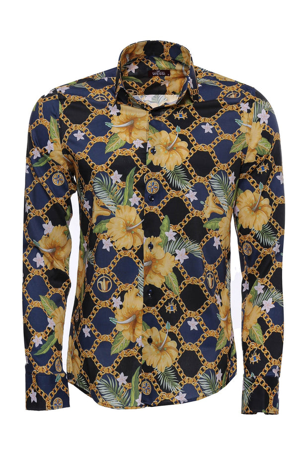 Colorful Floral Patterned Slim Fit Long Sleeves Navy Blue Men Shirt - Wessi