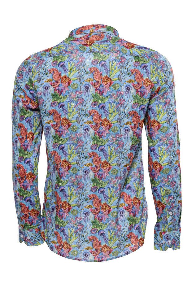 Red Floral Patterned Slim-Fit Long Sleeves Navy Blue Shirt - Wessi