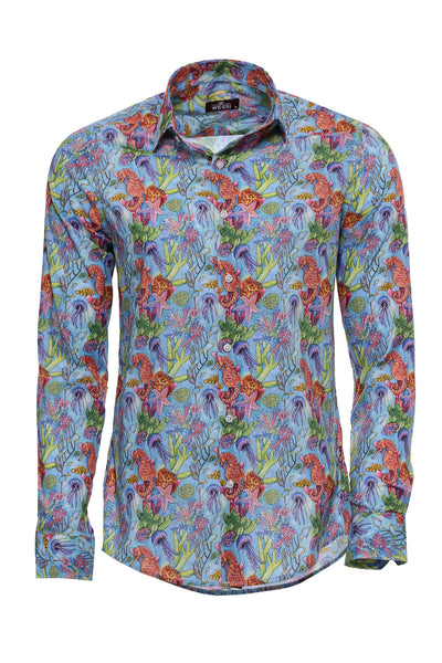 Red Floral Patterned Slim-Fit Long Sleeves Navy Blue Shirt - Wessi