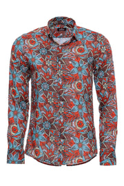 Blue Floral Slim-Fit Long Sleeve Red Men Shirt - Wessi