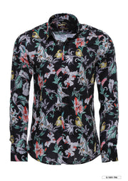 Floral Patterned Slim Fit Long Sleeves Black Men Shirt - Wessi