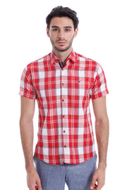 Checked Short Sleeve Burgundy Men Shirt - Wessi