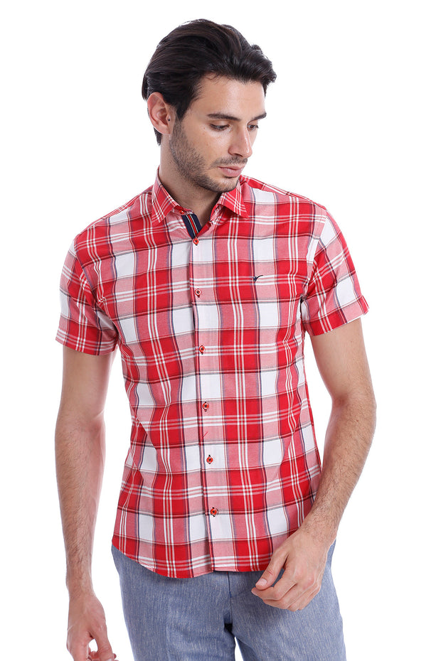 Checked Short Sleeve Burgundy Men Shirt - Wessi