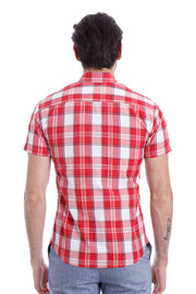 Checked Short Sleeve Burgundy Men Shirt - Wessi