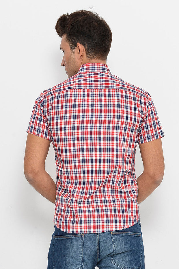 Checked Short Sleeves Navy Blue Men Shirt - Wessi