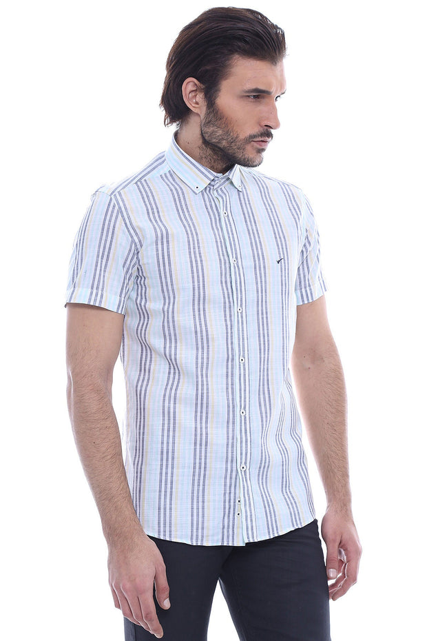 Striped Short Sleeves Men Blue Shirt - Wessi