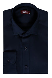 Cotton Satin Slim Fit Long Sleeves Plain Navy Blue Men Shirt - Wessi