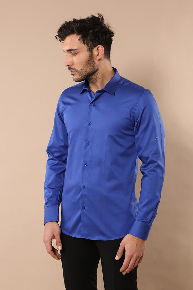 Cotton Satin Slim Fit Blue Men Shirt - Wessi