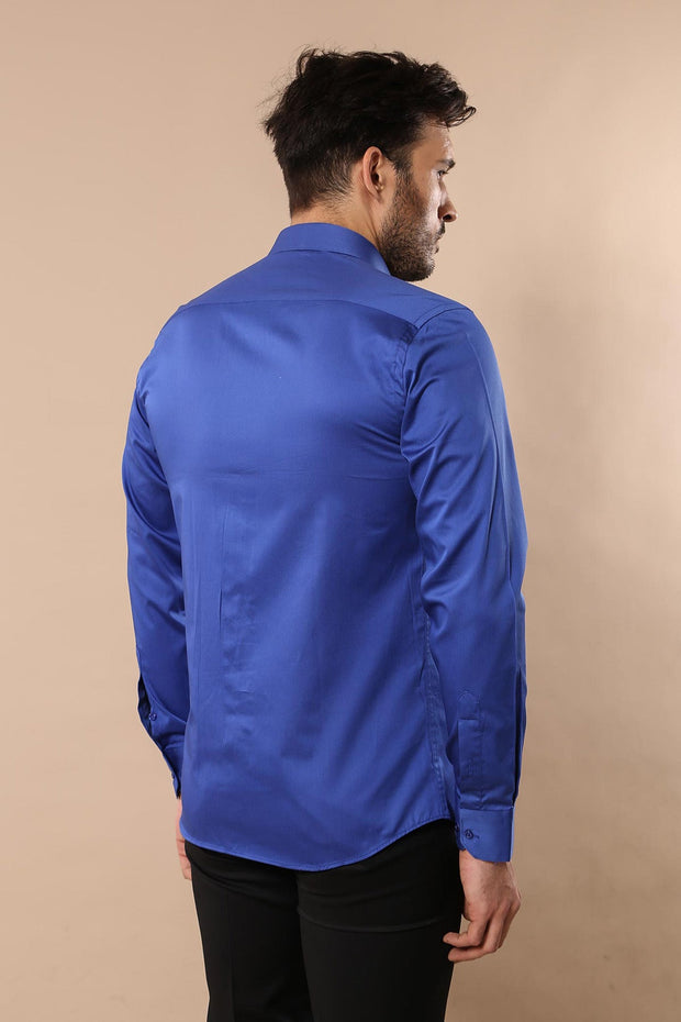 Cotton Satin Slim Fit Blue Men Shirt - Wessi