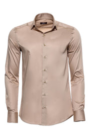 Cotton Satin Plain Long Sleeves Slim Fit Beige Men Shirt - Wessi