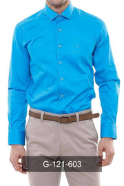 Long Sleeves Cotton Satin Slim Fit Turquoise Men Shirt - Wessi