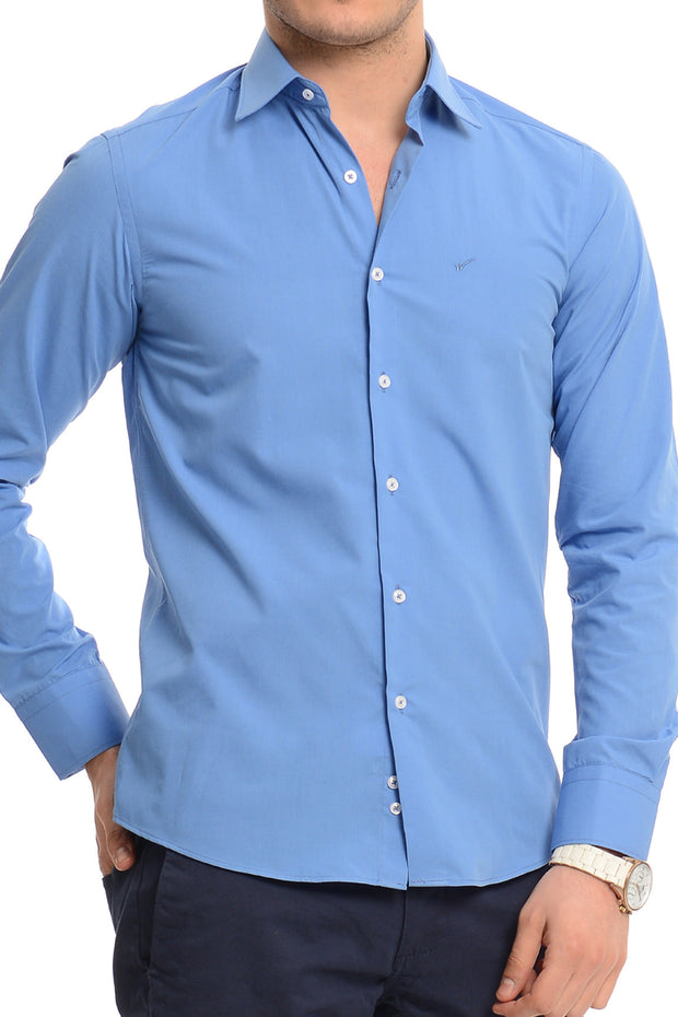 Plain Cotton Satin Blue Shirt - Wessi