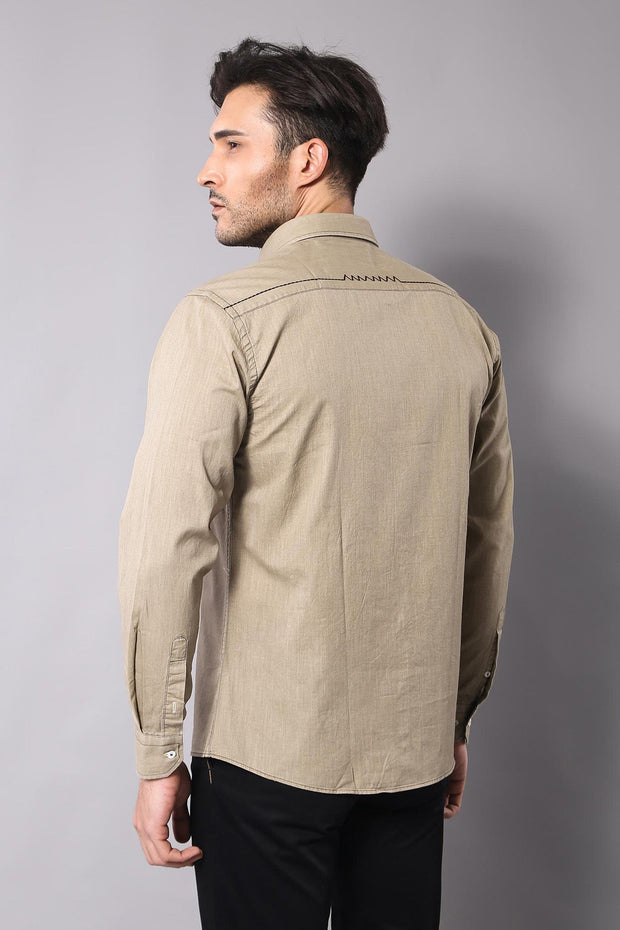 Cotton Long Sleeves Beige Men Shirt - Wessi