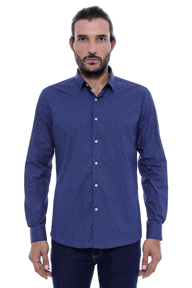 Navy Blue Floral Patterned Slim Fit Shirt - Wessi