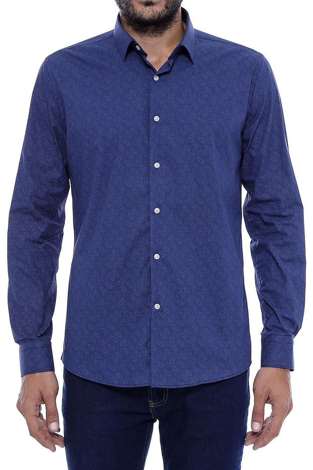 Navy Blue Floral Patterned Slim Fit Shirt - Wessi