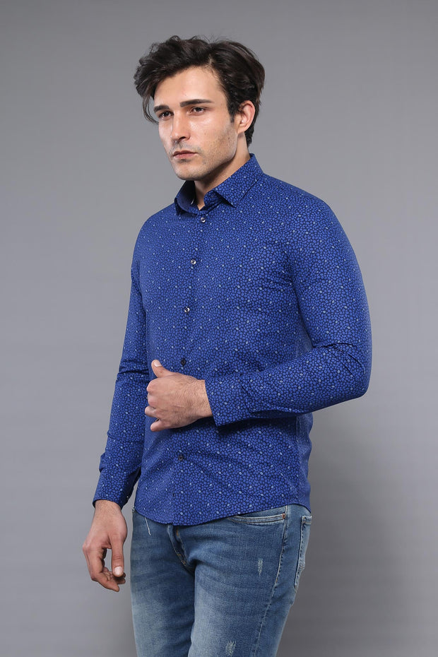 Patterned Blue Long Sleeve Shirt | Wessi