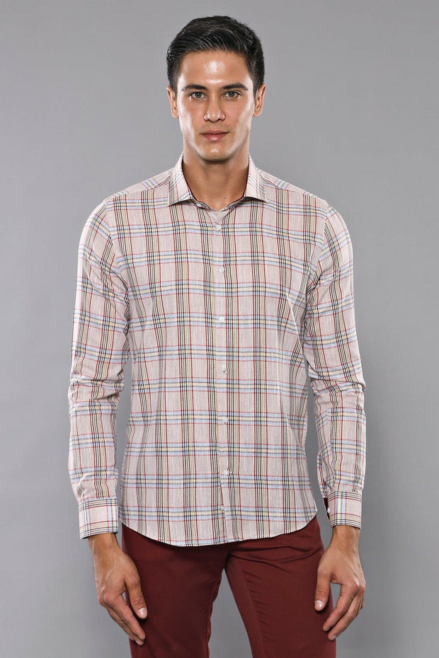 Beige Plaid Slim-Fit Shirt | Wessi - Wessi