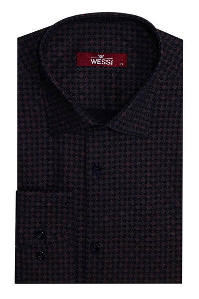 Houndstooth Pattern Slim Fit Brown Men Shirt - Wessi