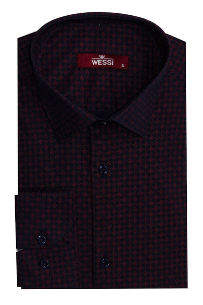 Houndstooth Pattern Slim Fit Burgundy Men Shirt - Wessi