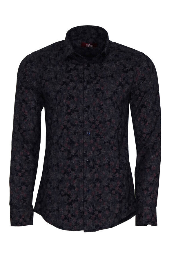 Bloom Patterned Slim Fit Navy Blue Men Shirt - Wessi