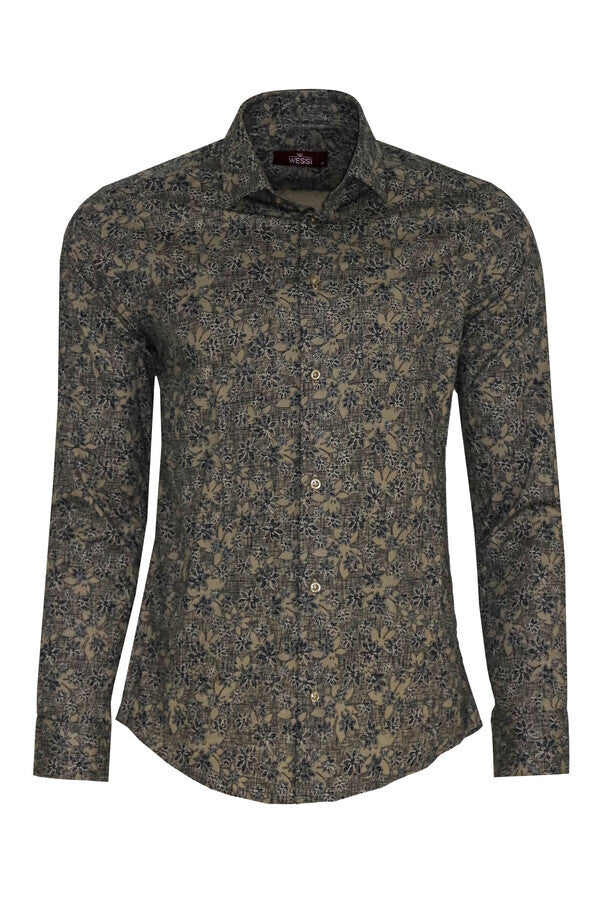 Bloom Patterned Beige Slim Fit Shirt - Wessi