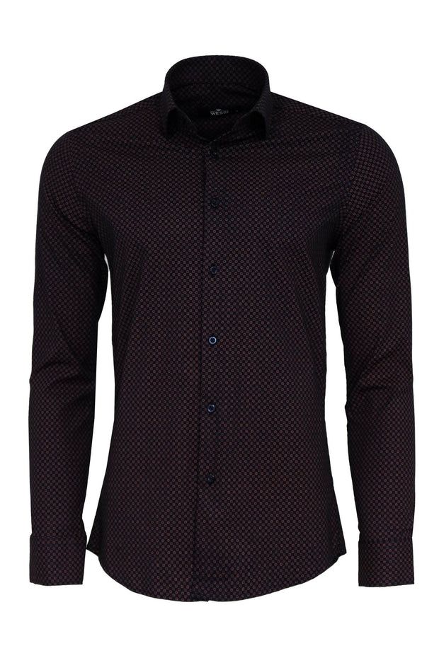 Brown Tiny Check Patterned Slim Fit Shirt - Wessi