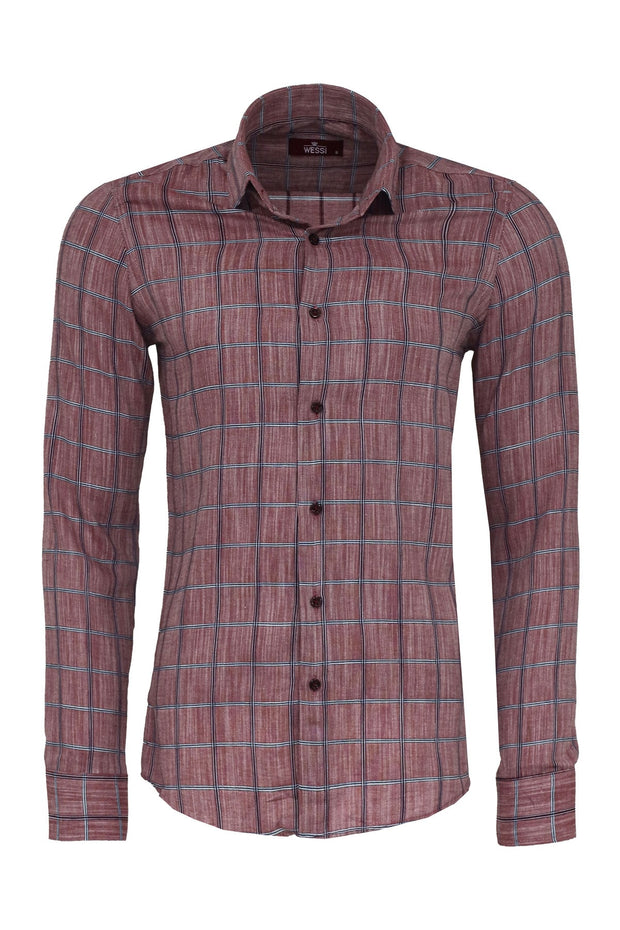 Plaid Slim Fit Burgundy Men Shirt - Wessi