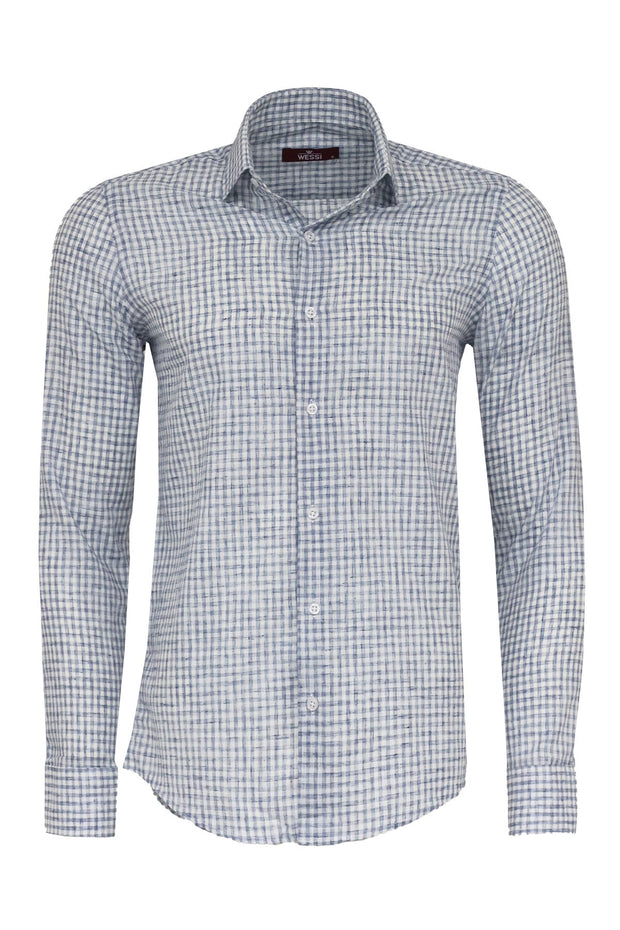 Plaid Slim Fit Navy Blue Men Shirt - Wessi