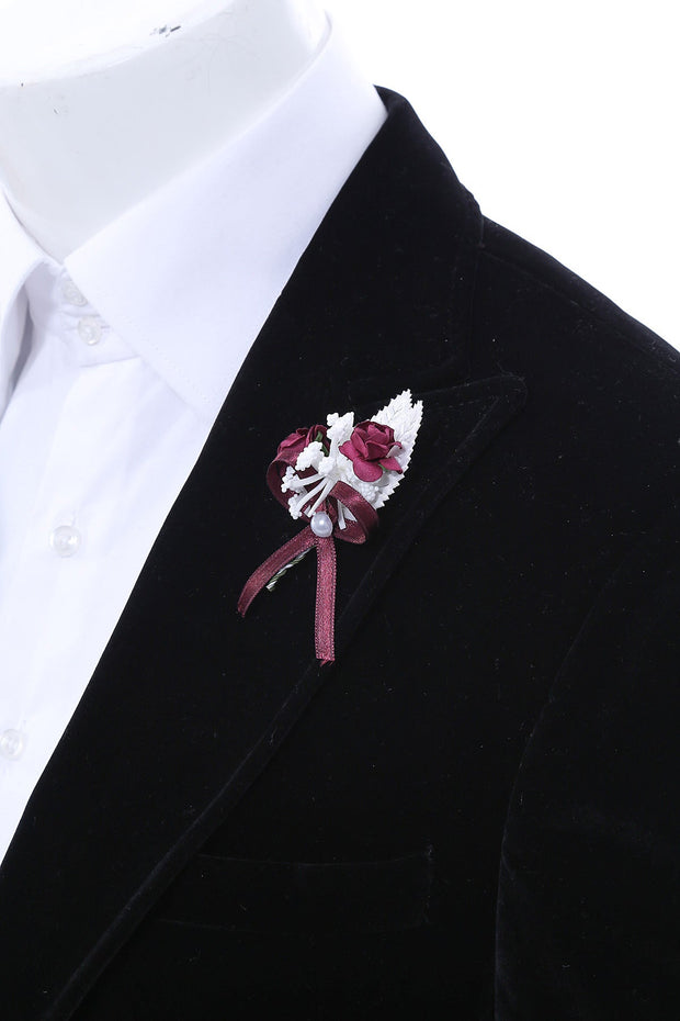 Men Burgundy Blossom and Ribbon Lapel Pin - Wessi