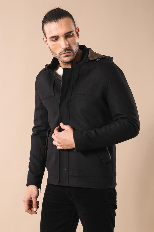 Zippered Sleeve Hooded Black Men Coat - Wessi